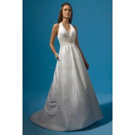 Vestido de novia de tafetán largo hasta el suelo con pedrería sin espalda