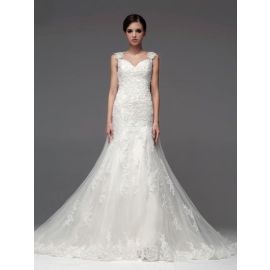 Glamorosos vestidos de novia corte A en tul bordado blanco con tirantes