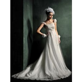 Elegantes vestidos de novia premamá bordados con mangas casquillo