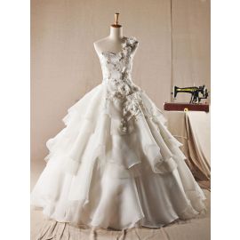 Románticos bordados con gradas de un hombro vestidos de novia de una línea
