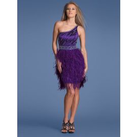 Exclusivos vestidos de cóctel de un hombro cortos lila con pluma