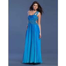 Sexy un hombro vestidos de noche gasa largo azul