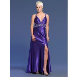 Glamorous Backless A-Line Satén Púrpura Vestidos de baile con tren