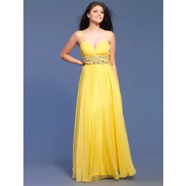 Elegantes vestidos de noche gasa amarillo largo con correas.