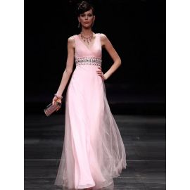 Elegantes vestidos de noche tul A-line rosa largos con tirantes