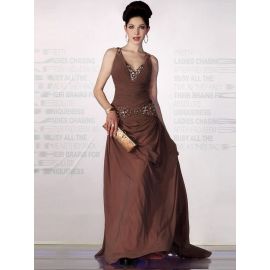 Glamorosos vestidos de noche marrón A-line chiffon largo con cola