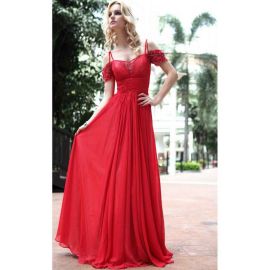 Exquisitos vestidos de noche largos de gasa roja de una línea con escote Carmen