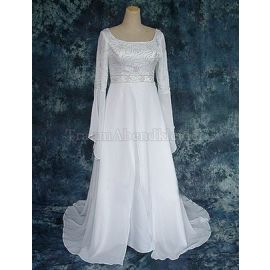 Vestido de novia de gasa con escote redondo y mangas largas estilo imperio