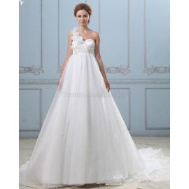 vestido de novia romántico festivo de organza de cristal sin mangas