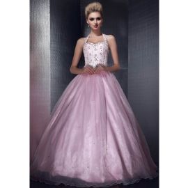 Glamorosos vestidos de gala con cuello halter Duchess Pink Long