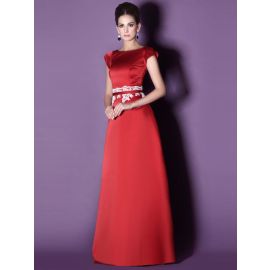 Elegantes vestidos de noche A-line satinado rojo largo con mangas cortas