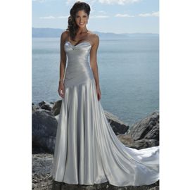 Elegante satén largo con volantes vestidos de novia boda en la playa