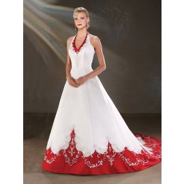 Vestido de novia de satén de línea A de lujo blanco rojo con cuello halter