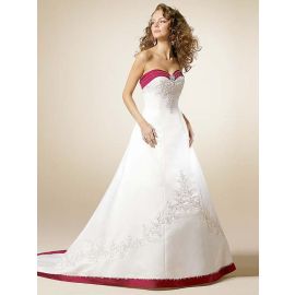 Vestido de novia evasé Glamour de raso blanco rojo con bordados