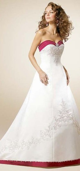 Vestido de novia de satén con línea A glamour en blanco y rojo con bordados